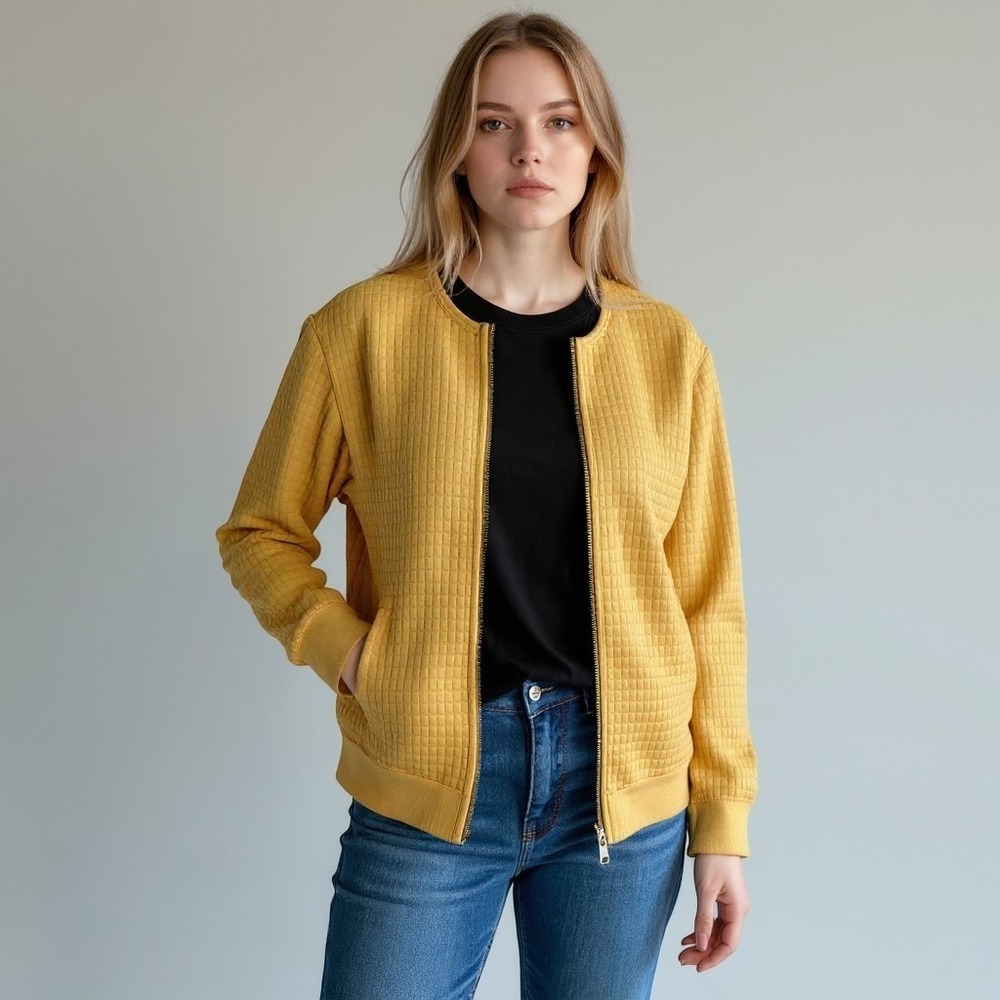Chicos Womens Mustard Yellow Quilted Grid Full Zip Jacket Size 2 Large 570237937
